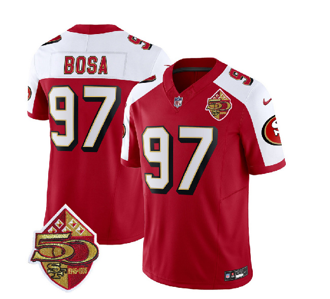 Men's San Francisco 49ers #97 Nick Bosa Red/White 2023 F.U.S.E. 50th Patch Throwback Football Stitched Jersey - Click Image to Close